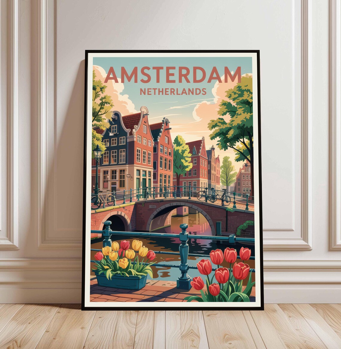 Amsterdam Netherlands Canal Tulips Bicycles Vintage Travel Poster