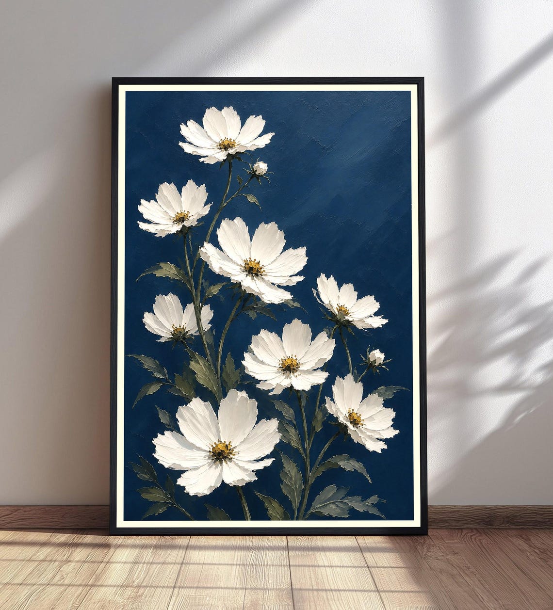 White Cosmos Flowers Navy Blue Textured Oil Painting Botanical Poster