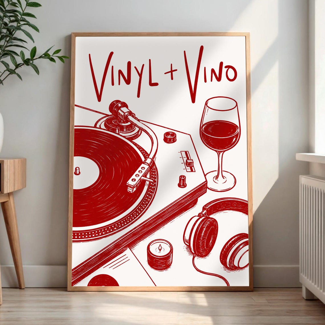 Vinyl And Vino Print Turntable Headphones Wall Art Music Lover Gift Red Wine Poster