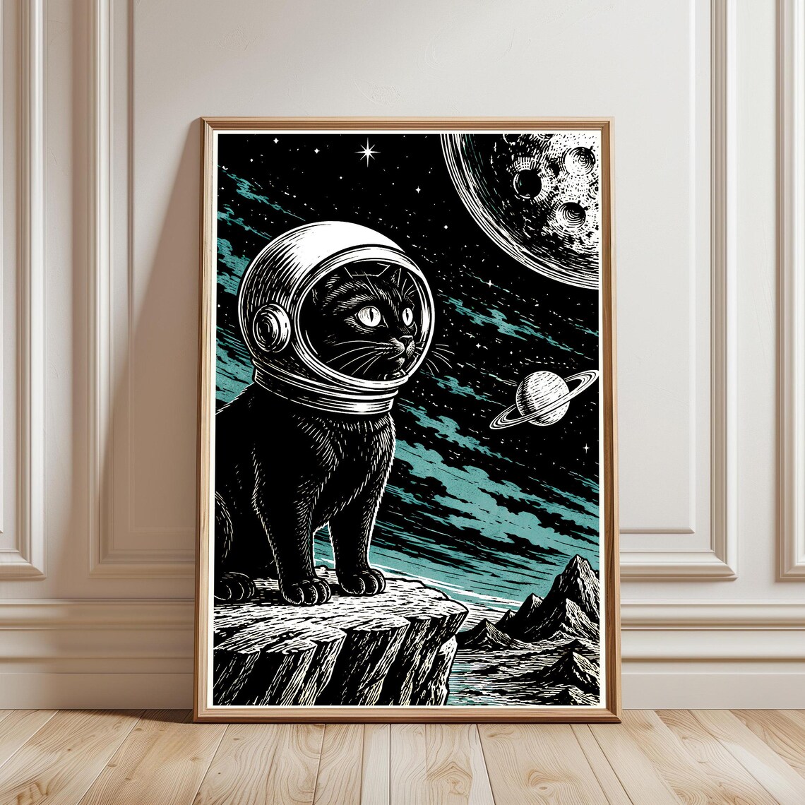 Space Cat Astronaut Print, Cosmic Kitten Decor
