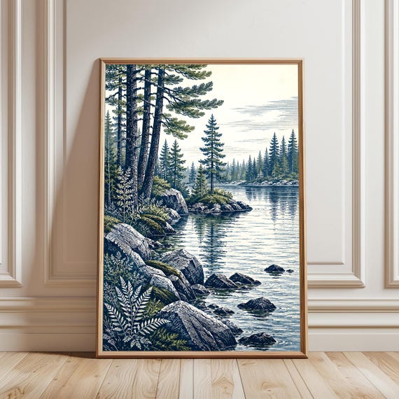 Woodcut Lake Print Pine Tree Landscape Wall Art Serene Nature Scene Rustic Cabin Decor