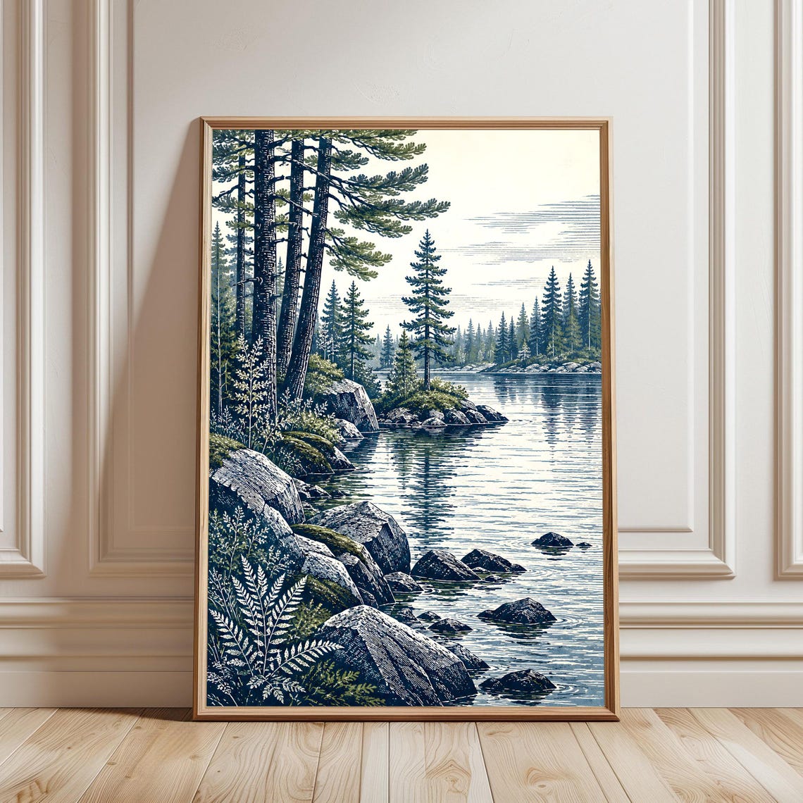 Woodcut Lake Print Pine Tree Landscape Wall Art Serene Nature Scene Rustic Cabin Decor