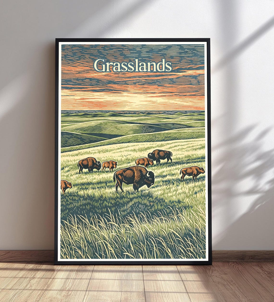 Grasslands Bison Herd Prairie Sunset Vintage Travel Nature Art Poster