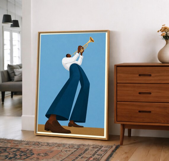 Abstract Jazz Trumpet Player Poster Modern Music Wall Art Blue Background Print Musician Decor