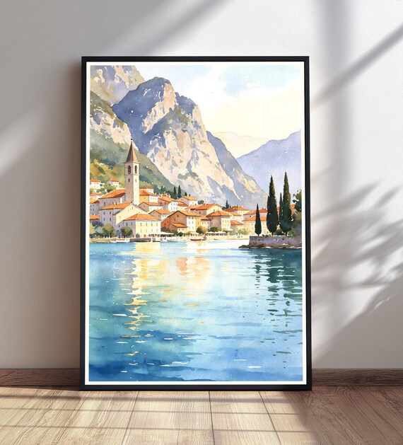 Italian Lakeside Village Watercolor Church Tower Mountains Lake Print