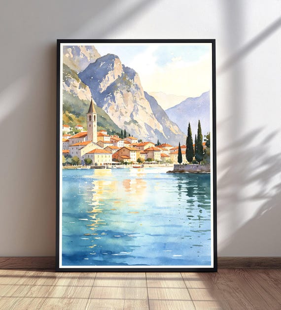Italian Village Lake Print Watercolor Landscape Painting Mountain Wall Art