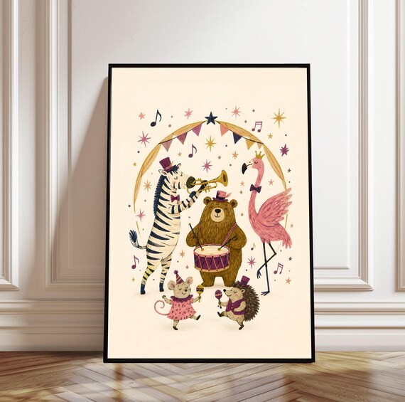 Animal Parade Band Zebra Trumpet Bear Drum Whimsical Kids Art Poster