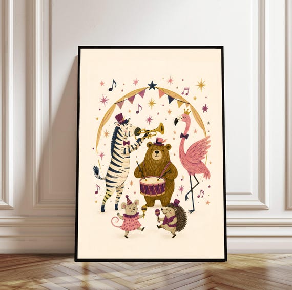 Nursery Animal Band Print Whimsical Woodland Wall Art Kids Room Decor Baby Shower Gift