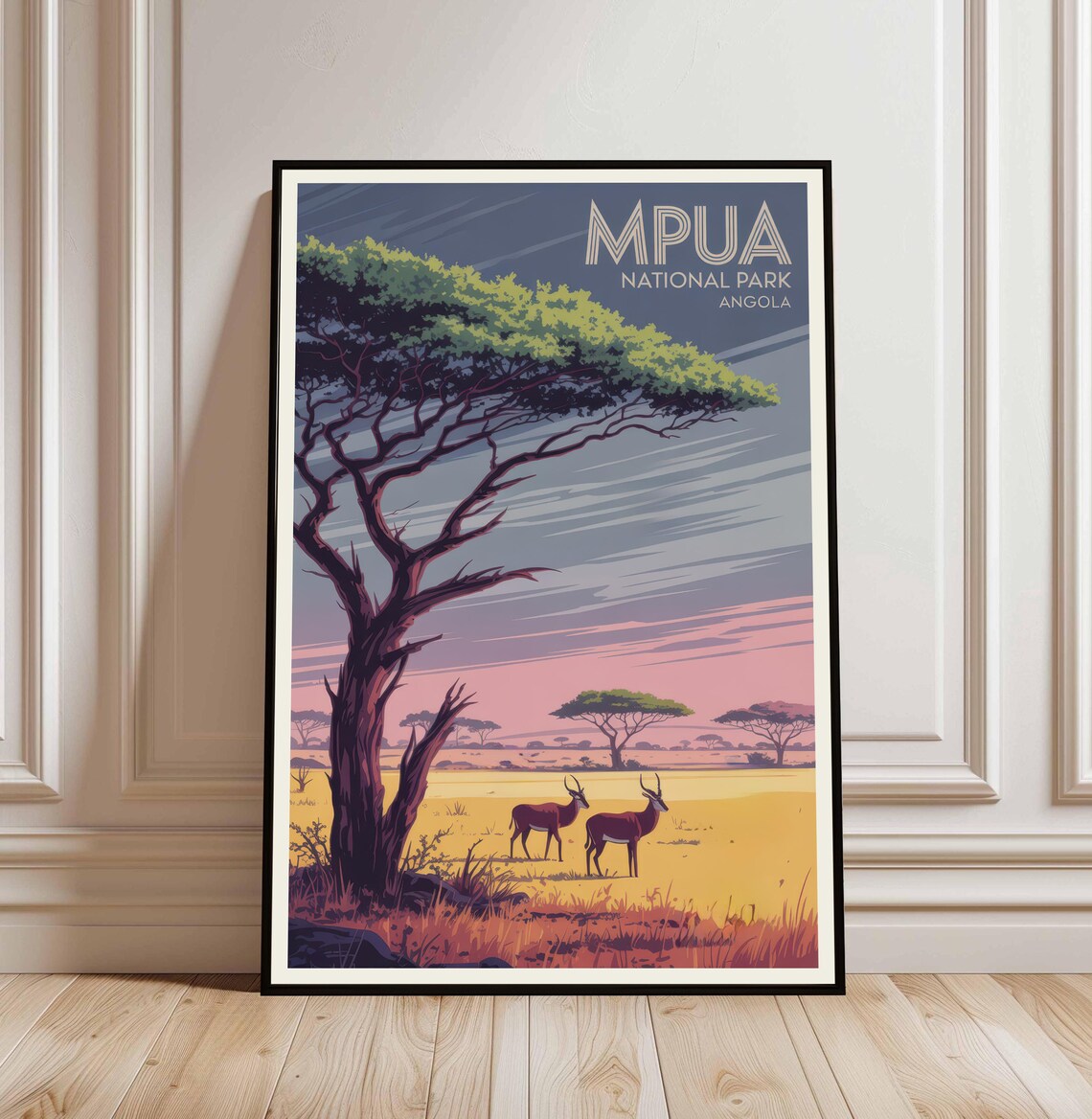 Mpua National Park Angola Acacia Sunset Vintage Travel Poster