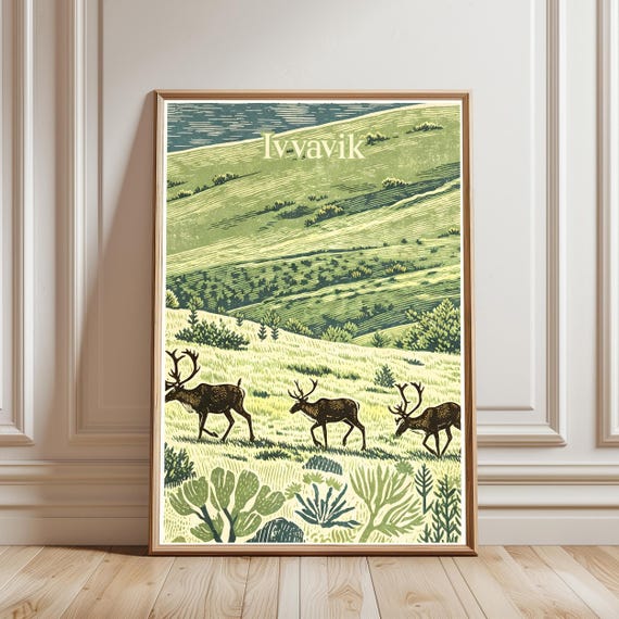 Ivvavik Travel Poster Reindeer Landscape Print Vintage National Park Wall Art Canada Decor