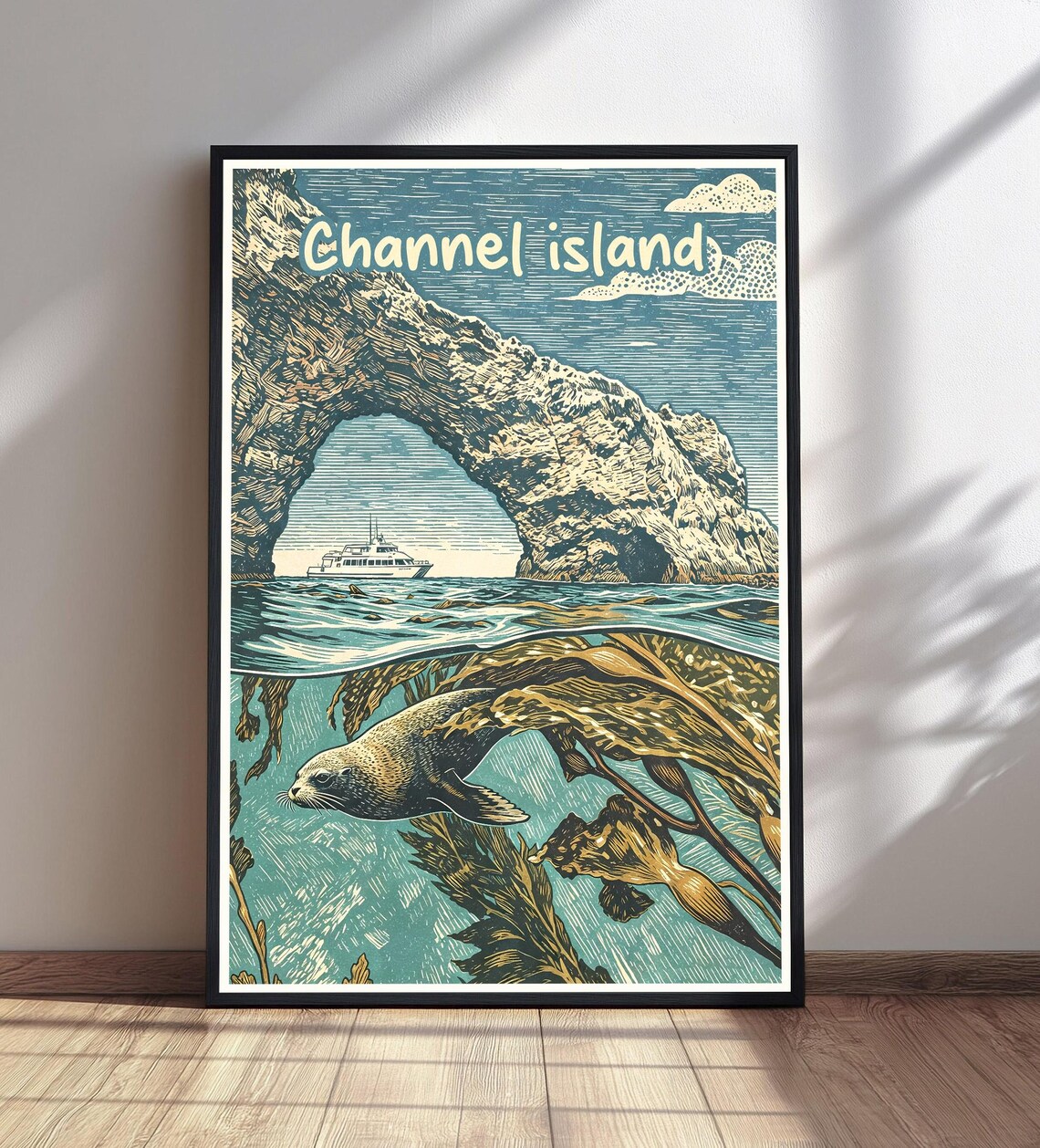 Channel Island Sea Arch Seal Kelp Forest Vintage Travel Poster