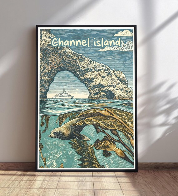 Channel Island Sea Arch Seal Kelp Forest Vintage Travel Poster