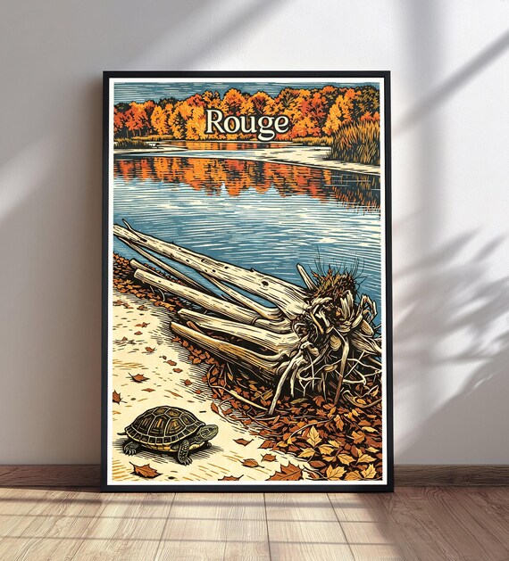 Rouge National Park Autumn Lake Vintage Linocut Wildlife Travel Poster