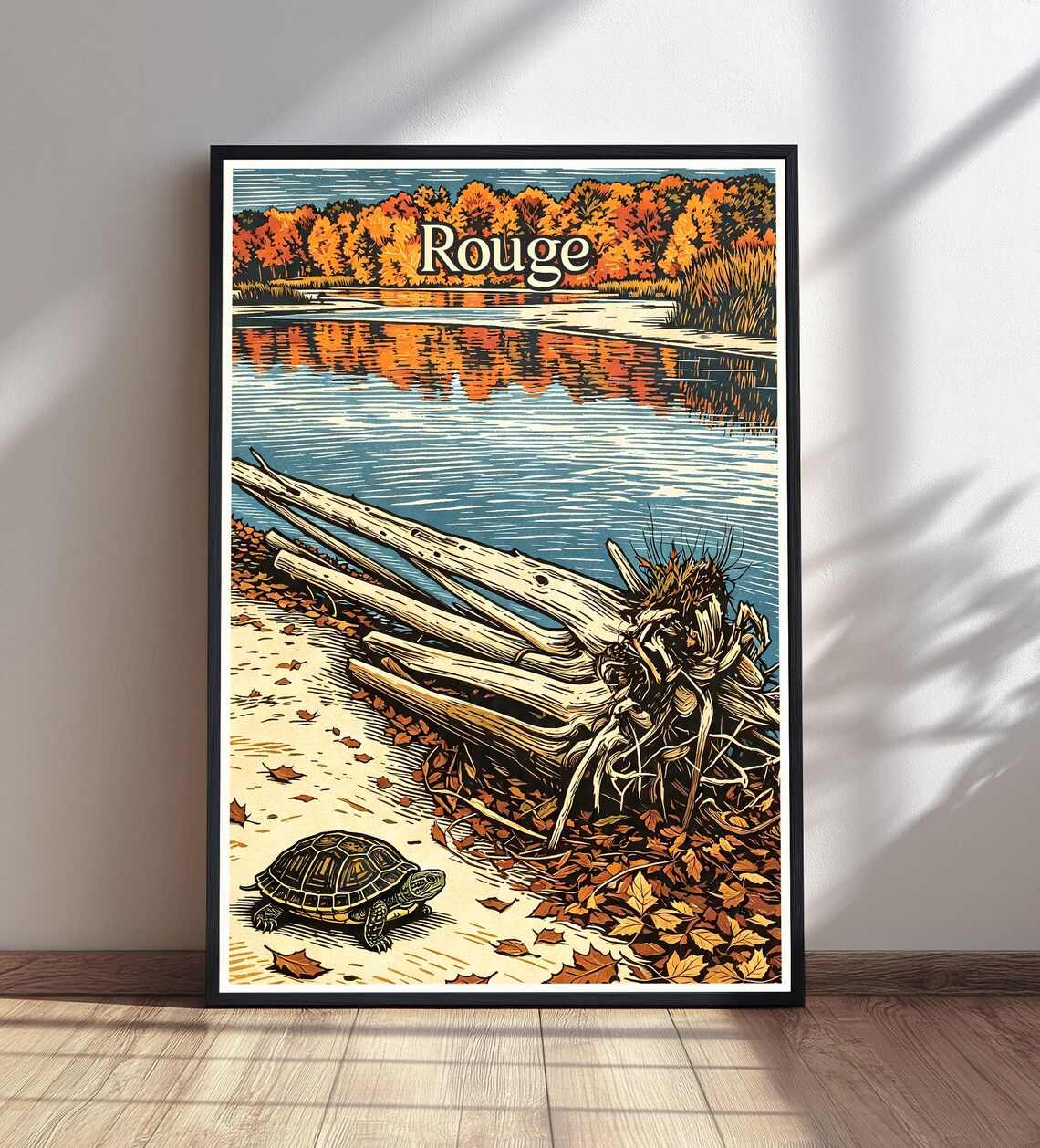 Rouge National Park Autumn Lake Vintage Linocut Wildlife Travel Poster