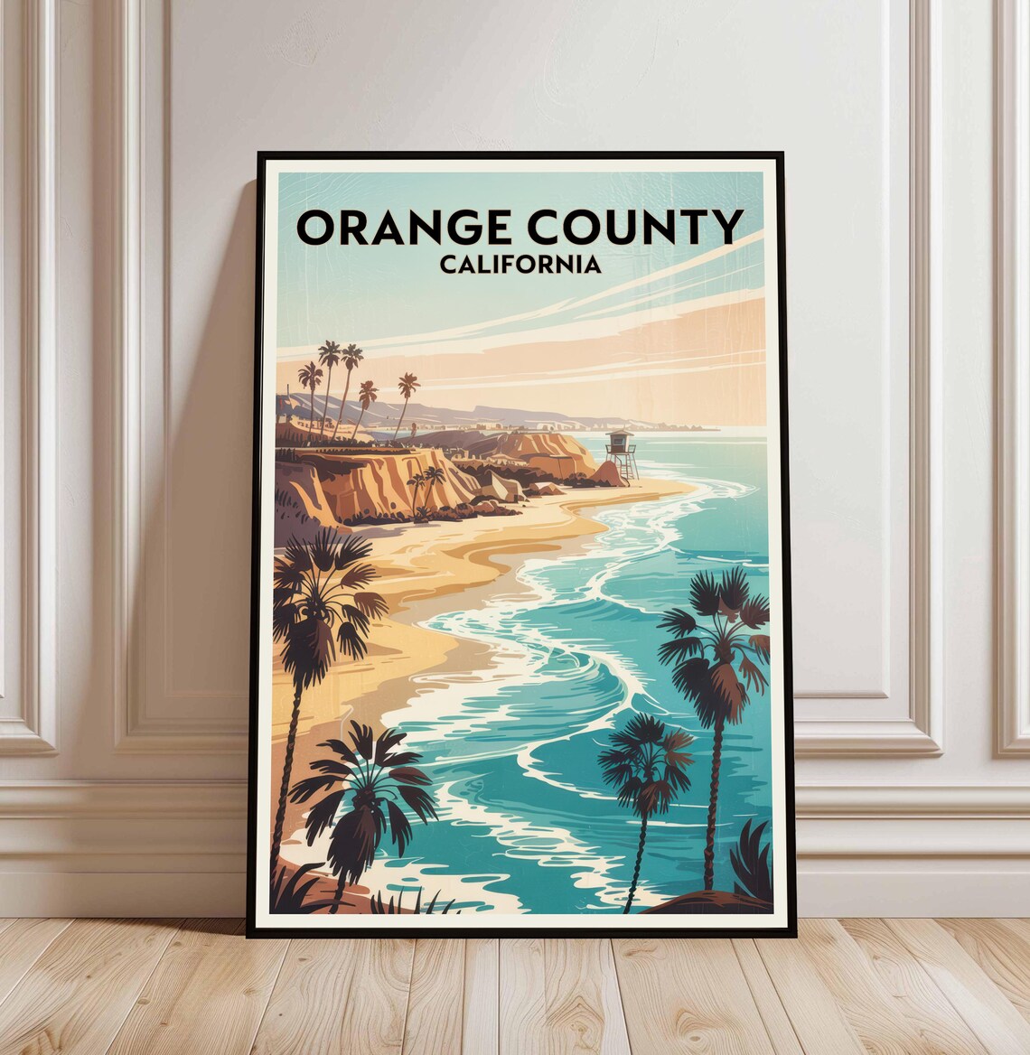 Orange County California Beach Palms Lifeguard Vintage Travel Poster