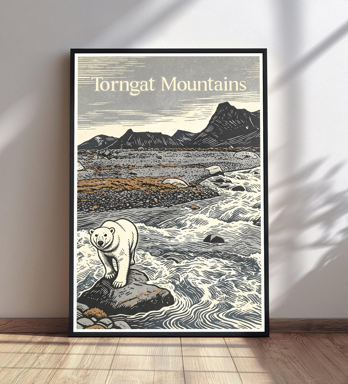 Torngat Mountains Polar Bear Arctic River Vintage Woodcut Poster