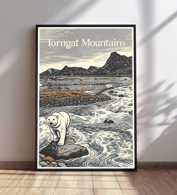 Torngat Mountains Polar Bear Arctic River Vintage Woodcut Poster