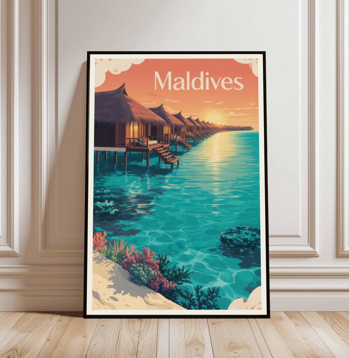 Maldives Overwater Bungalows Turquoise Lagoon Sunset Travel Poster