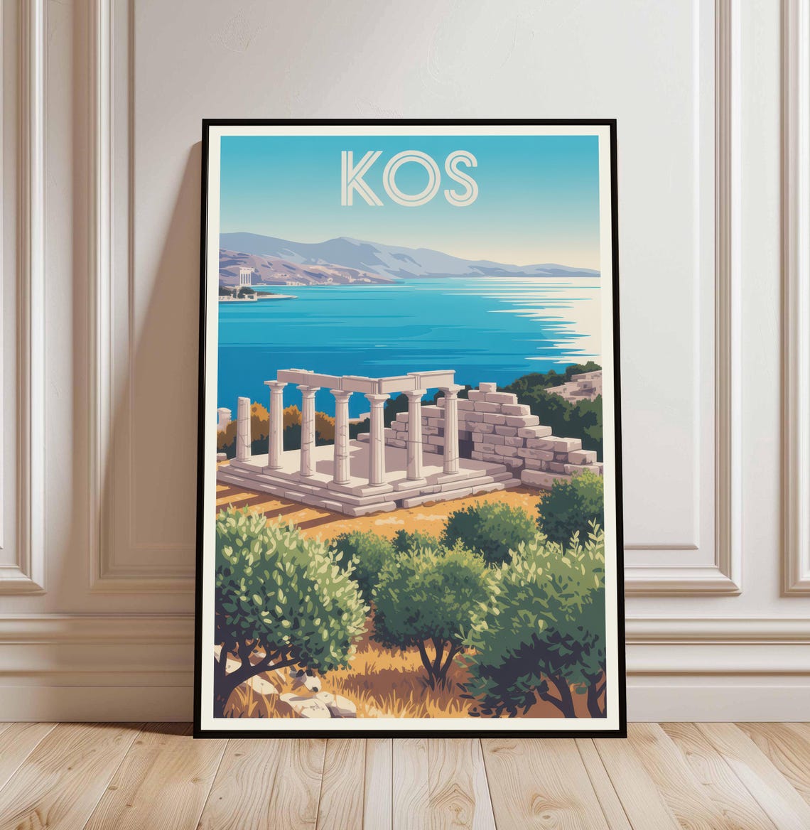 Kos Greece Island Vintage Travel Poster Ancient Temple Ruins Sea View