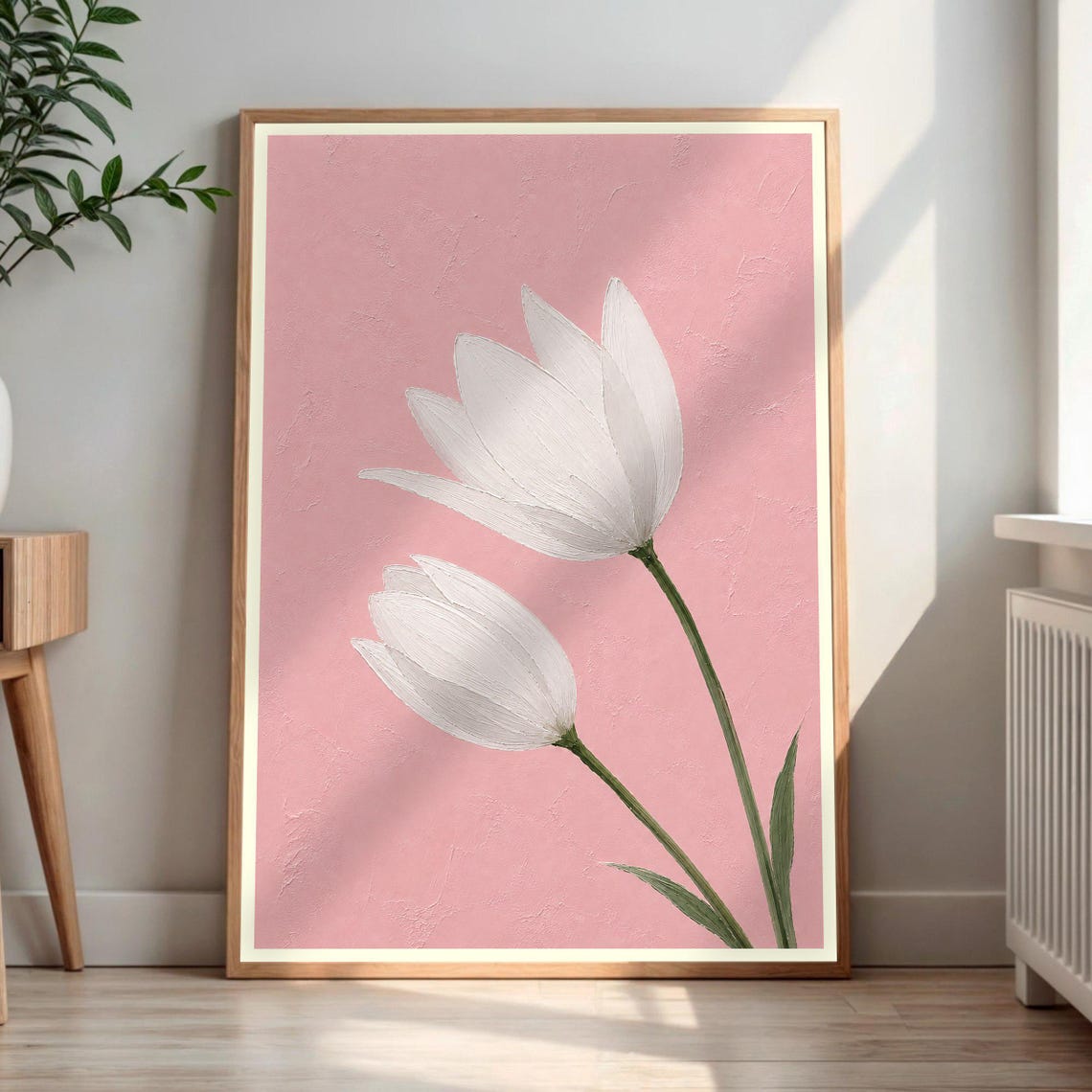 White Tulips Wall Art Pink Floral Print Botanical Flower Decor Nature