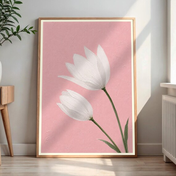 White Tulips on Blush Pink Textured Botanical Flower Wall Art
