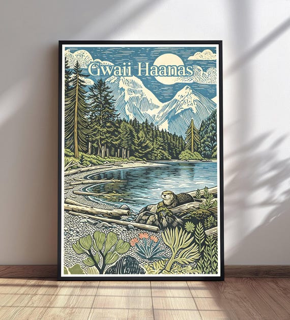 Gwaii Haanas National Park Print Travel Poster Vintage Nature Wall Art Otter Lake Scene