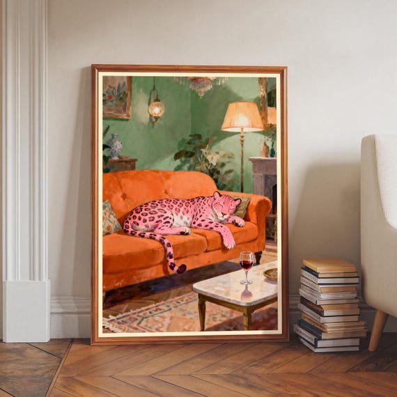 Pink Leopard Sleeping On Couch Wall Art Quirky Animal Print Maximalist Home Decor Eclectic