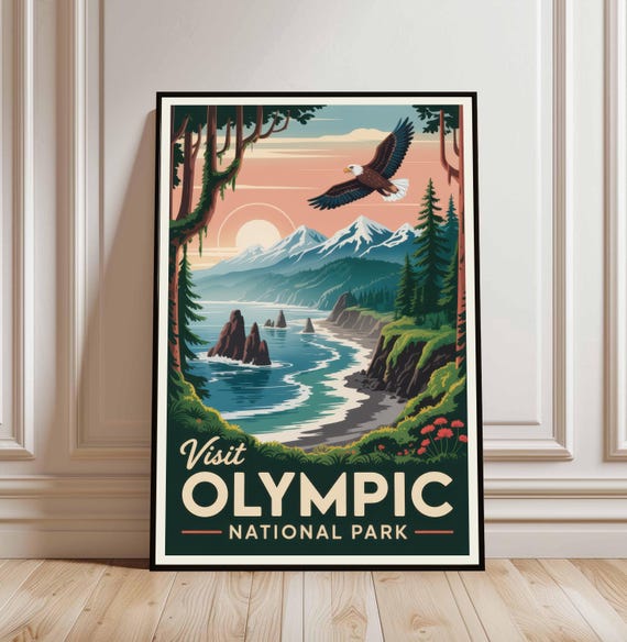 Vintage Olympic National Park Poster Retro Travel Print Pacific Northwest Wall Art Coastal Wilderness Decor Gift For Nature Lovers