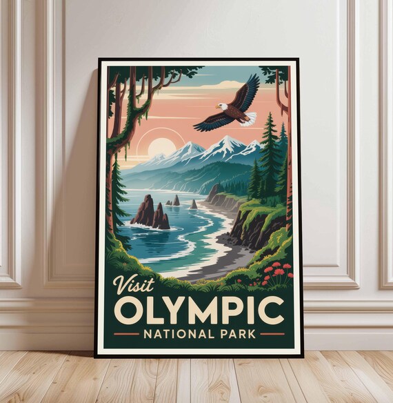 Visit Olympic National Park Bald Eagle Coast Vintage Travel Art Poster