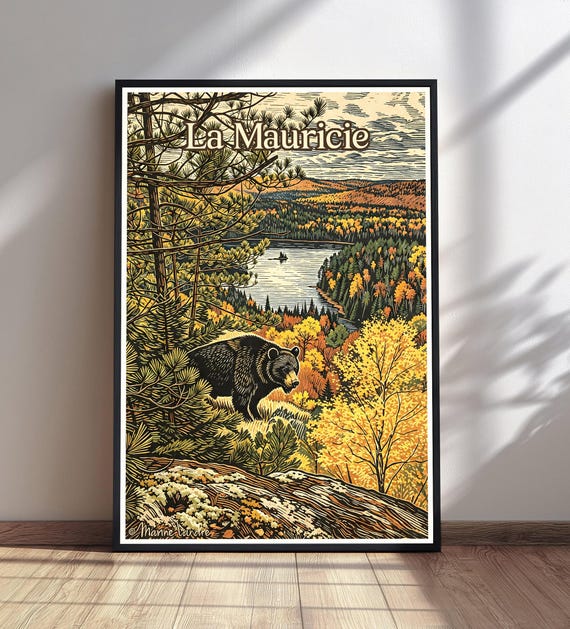 La Mauricie Bear Print Vintage Autumn Forest Landscape Wall Art Rustic Nature Decor Lake Woodcut Illustration