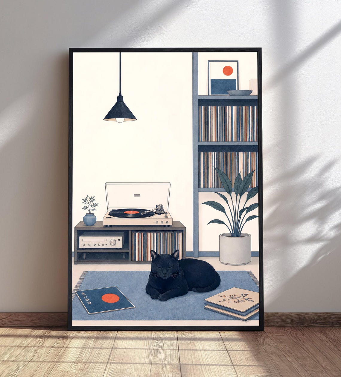 Cozy Music Room Print Black Cat Record Player Art Vinyl Lover Wall Decor Nook Poster