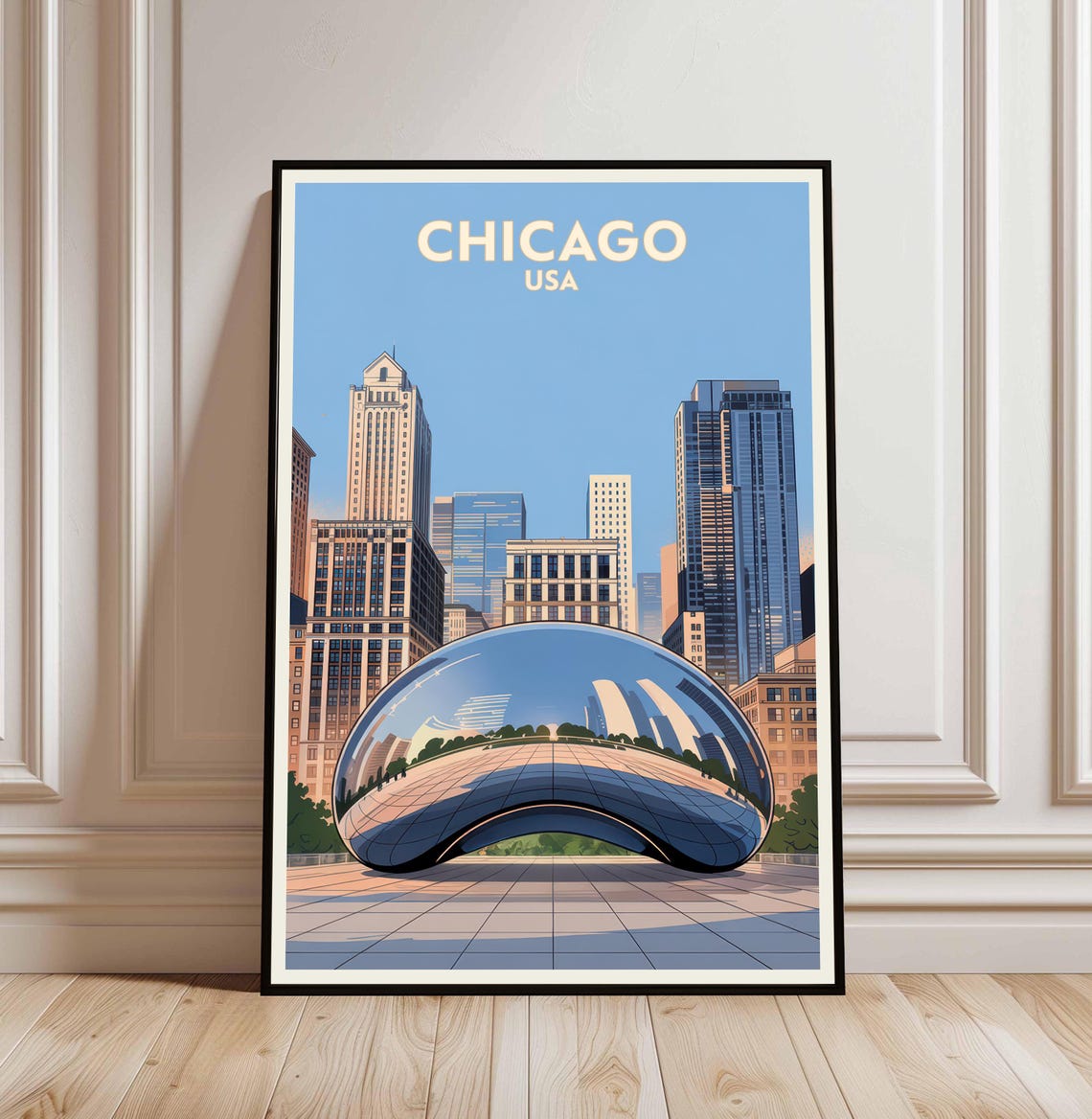 Chicago USA Vintage Travel Poster Cloud Gate Bean Skyline Art