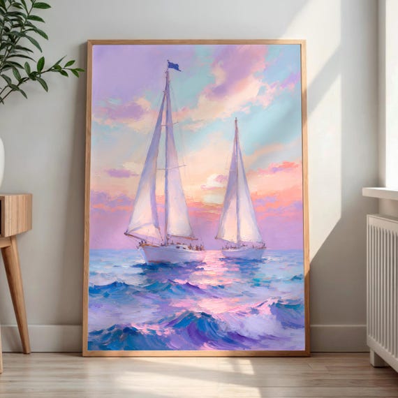 Sailboat Wall Art Impressionist Ocean Print Colorful Sunset Sky Purple Pink Coastal Decor Nautical Boat Artwork