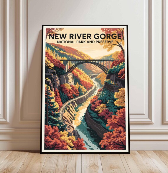 New River Gorge National Park Vintage Travel Poster Bridge Autumn Art