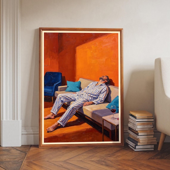 Man Relaxing On Couch Striped Pajamas Bold Orange Oil Painting Poster
