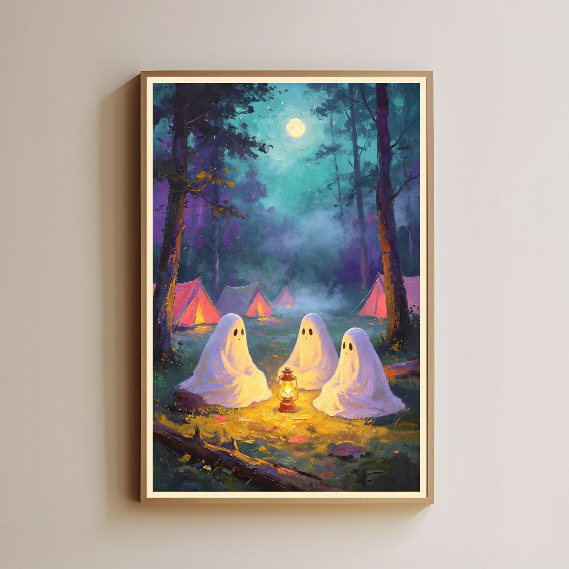 Camping Ghosts, Vintage Halloween Forest Scene Art Print