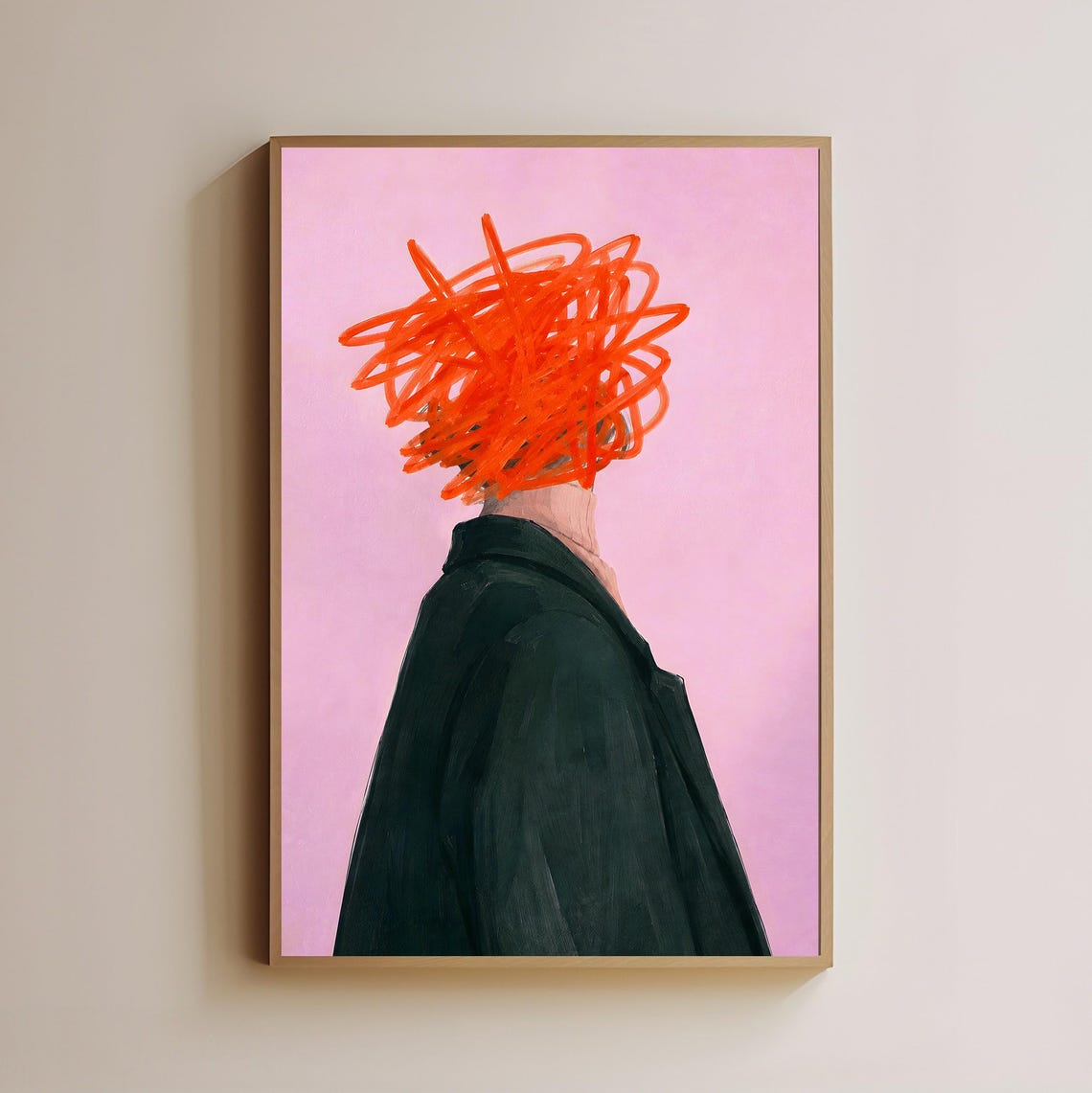 Abstract Orange Scribble Head Portrait Pink Modern Art Poster