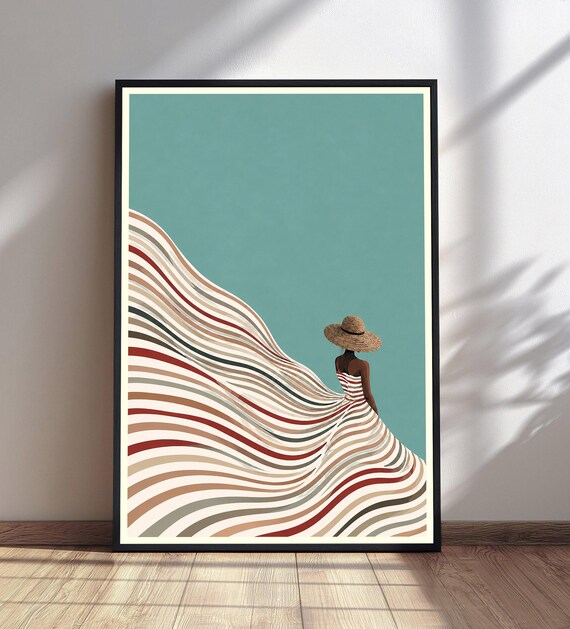 Abstract Woman Sun Hat Flowing Striped Dress Teal Modern Art Print