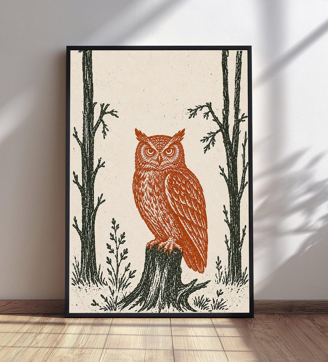 Orange Owl Wall Art Stylized Tree Decor Forest Wildlife Print Nature Home