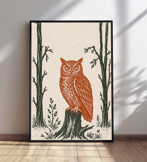 Orange Owl Wall Art Stylized Tree Decor Forest Wildlife Print Nature Home