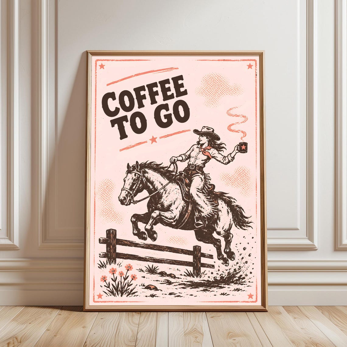 Coffee To Go Retro Cowgirl Riding Horse Blush Pink Western Poster