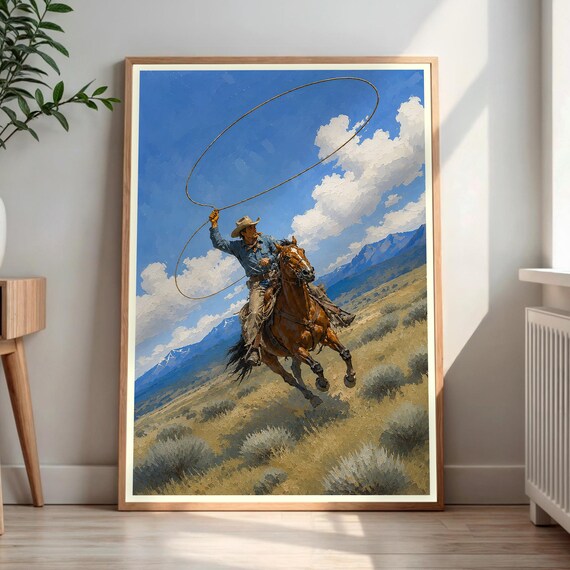 Cowboy Lasso Wall Art Western Horseback Riding Painting Rustic Ranch Decor Print Wild West