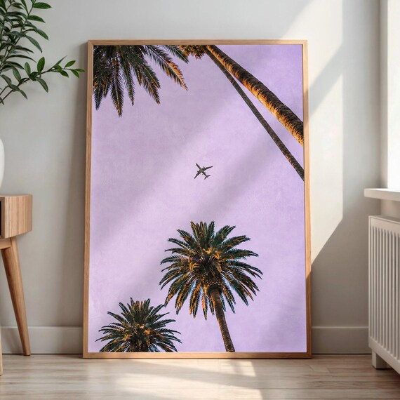 Palm Trees Lavender Sky Airplane Tropical Photography Poster