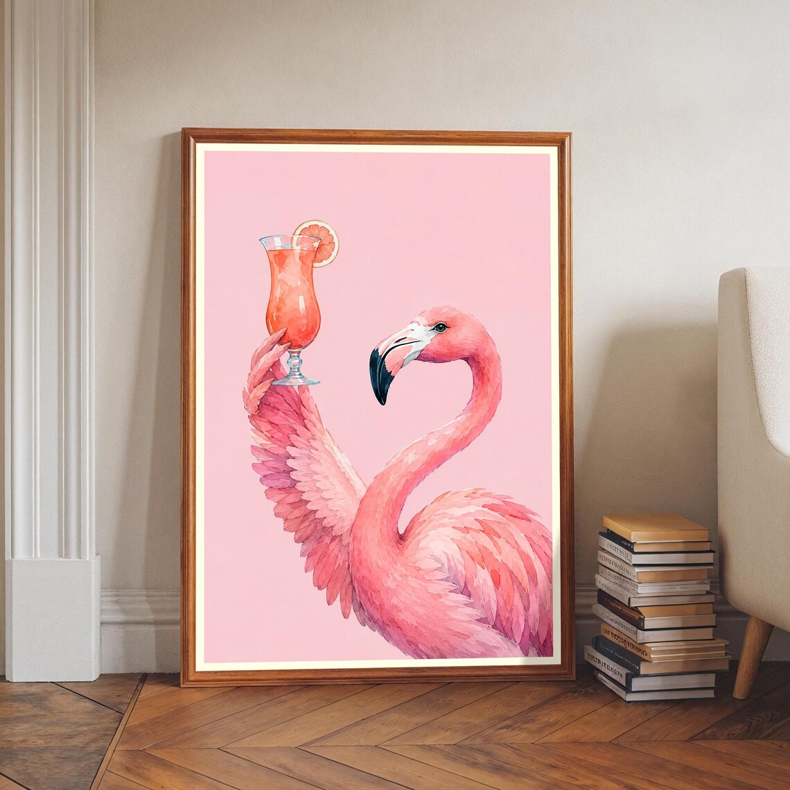 Fun Flamingo Cocktail Pink Tropical Bar Drink Watercolor Poster