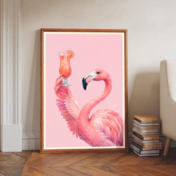 Flamingo Cocktail Wall Art Pink Drink Print Tropical Bar Decor Lover Gift