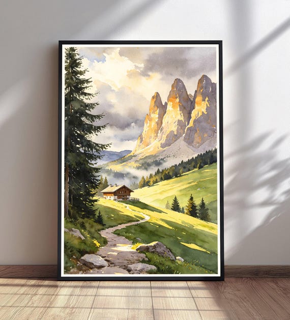 Watercolor Mountain Landscape Print Cabin In Valley Wall Art Sunlit Peaks Nature Decor Rustic Home Accent