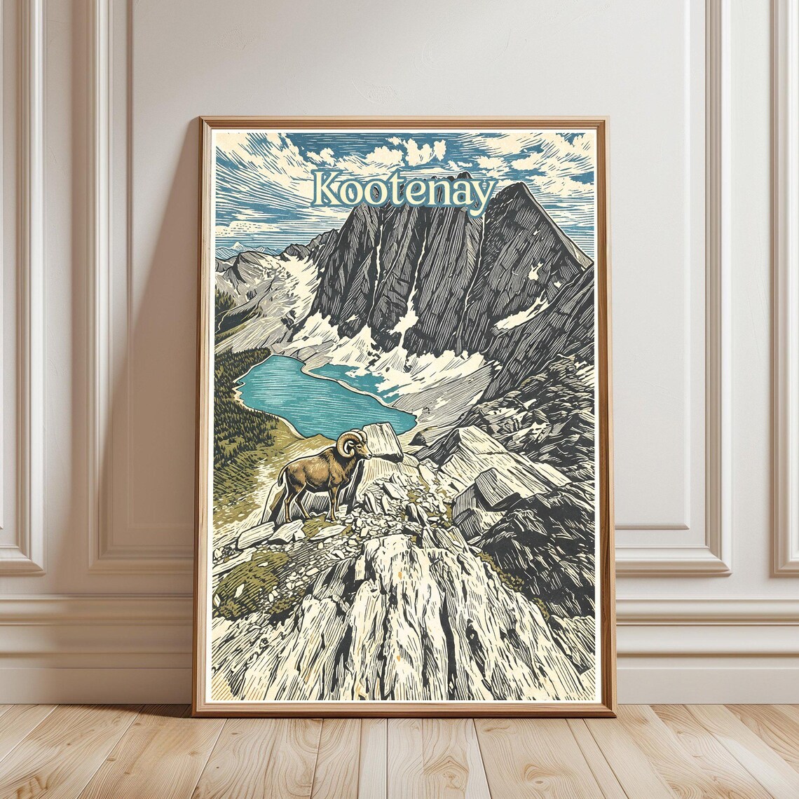 Kootenay Bighorn Sheep Rocky Alpine Lake Vintage Travel Poster