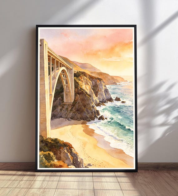 Bixby Bridge Watercolor Print Rocky Coastline Wall Art California Coastal Decor Ocean Sunset Painting