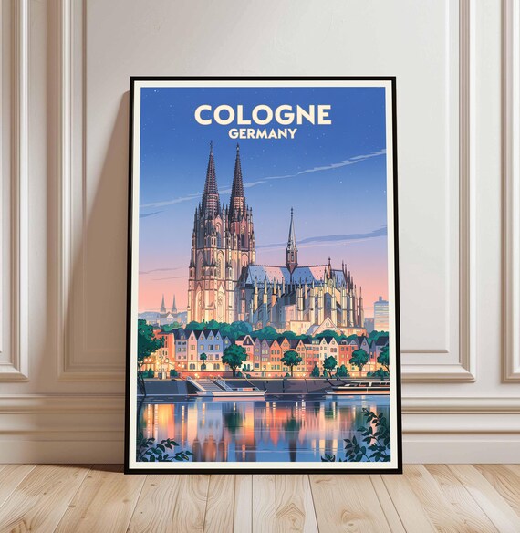 Cologne Germany Travel Poster Cathedral Rhine Sunset Vintage City Decor