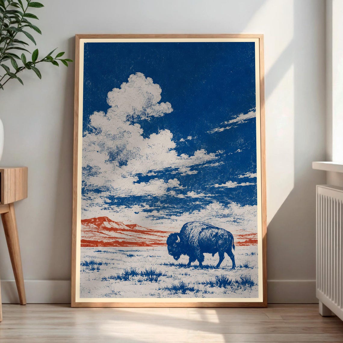 Bison Prairie Vintage Blue Woodcut Style Wildlife Art Poster